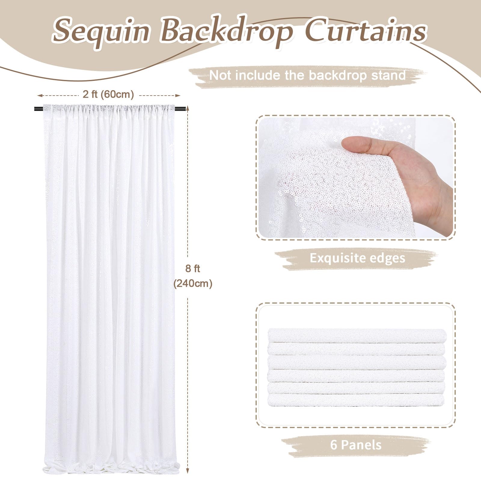 White Sequin Backdrop Curtain 6 Pcs 2Ftx8Ft Sparkly Glitter Wedding Party Photography Background Drapes For Birthday Prom Decora